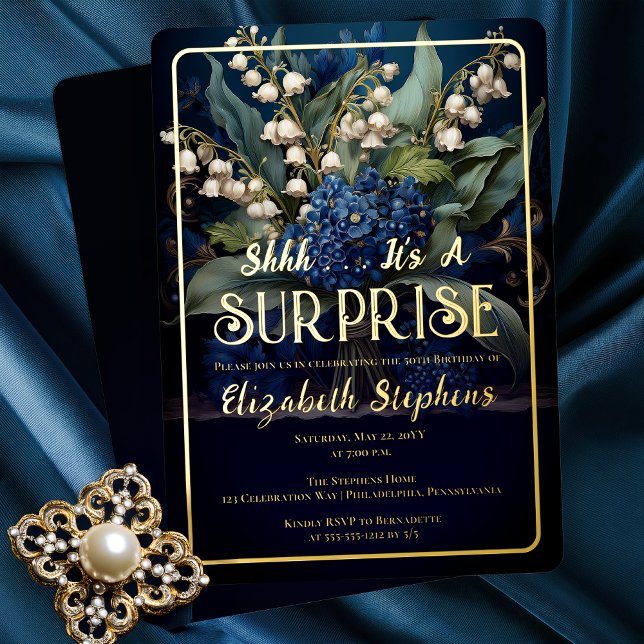Elegant Baroque Blue Floral Surprise 50th Birthday Foil Invitation (Elegant Baroque Style Dark Moody Blue | White Floral "SURPRISE" 50th Birthday Party Gold Foil Invite)