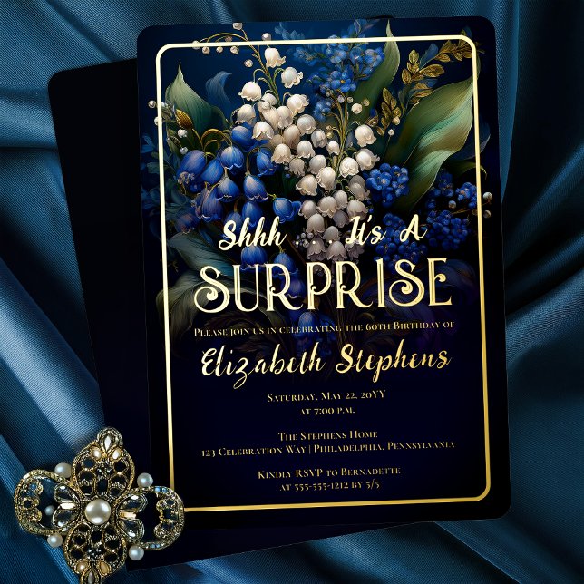 Elegant Baroque Blue Floral Surprise 60th Birthday Foil Invitation (Elegant Baroque Style Dark Moody Blue | White Floral "SURPRISE" 60th Birthday Party Gold Foil Invite)