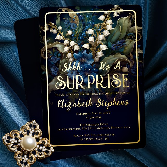 Elegant Baroque Blue Floral Surprise 70th Birthday Foil Invitation (Elegant Baroque Style Dark Moody Blue | White Floral "SURPRISE" 70th Birthday Party Gold Foil Invite)