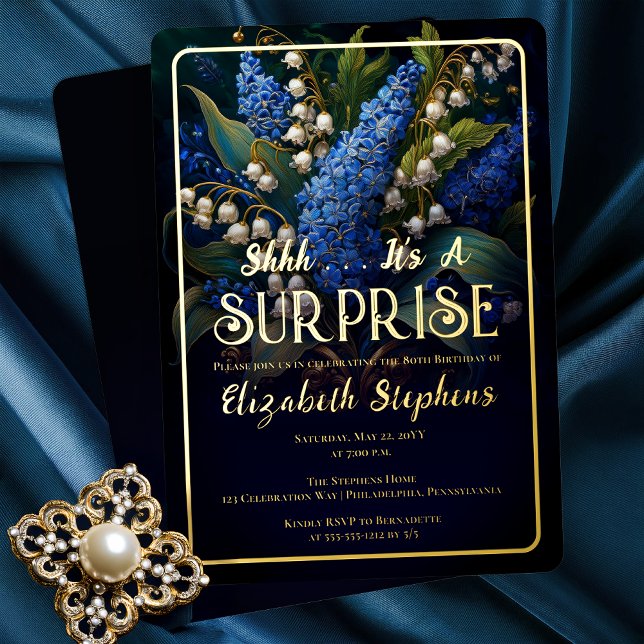 Elegant Baroque Blue Floral Surprise 80th Birthday Foil Invitation (Elegant Baroque Style Dark Moody Blue | White Floral "SURPRISE" 80th Birthday Party Gold Foil Invite)
