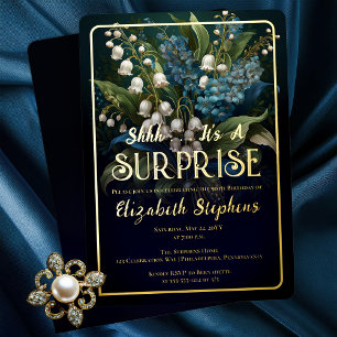 Elegant Baroque Blue Floral Surprise 90th Birthday Foil Invitation