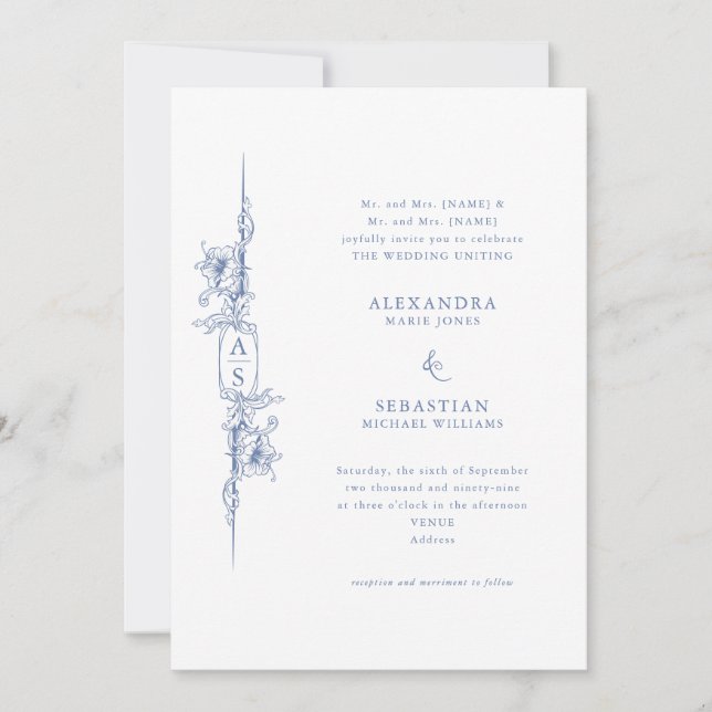 Elegant Baroque Blue French Floral Wedding Invitation (Front)