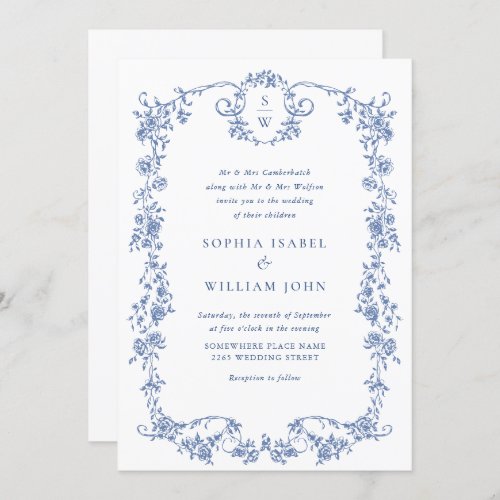 Elegant Baroque Blue French Garden Floral Wedding Invitation