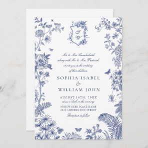 Elegant Baroque Blue French Garden Floral Wedding Invitation