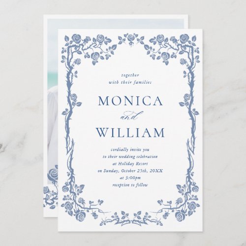 Elegant Baroque Blue French Garden Floral Wedding Invitation