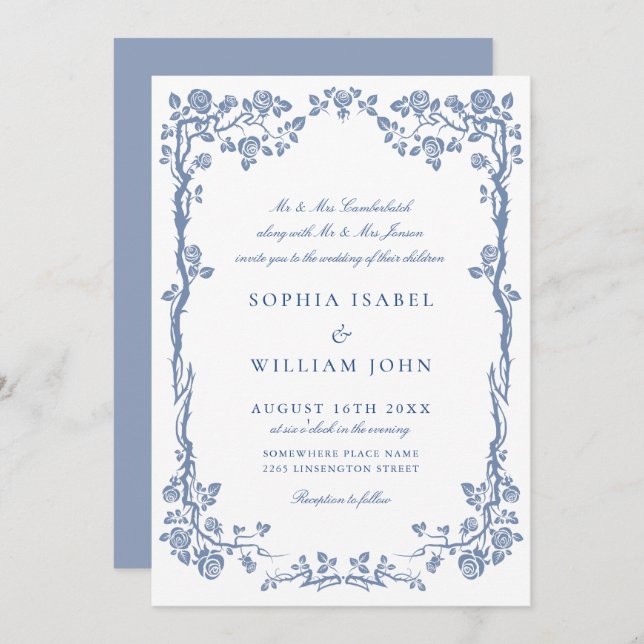 Elegant Baroque Blue French Garden Floral Wedding Invitation (Front/Back)