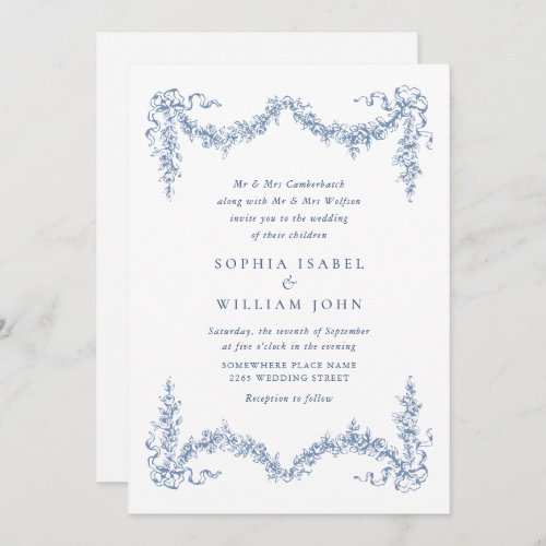 Elegant Baroque Blue French Garden Floral Wedding Invitation