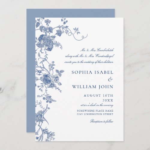 Elegant Baroque Blue French Garden Floral Wedding Invitation