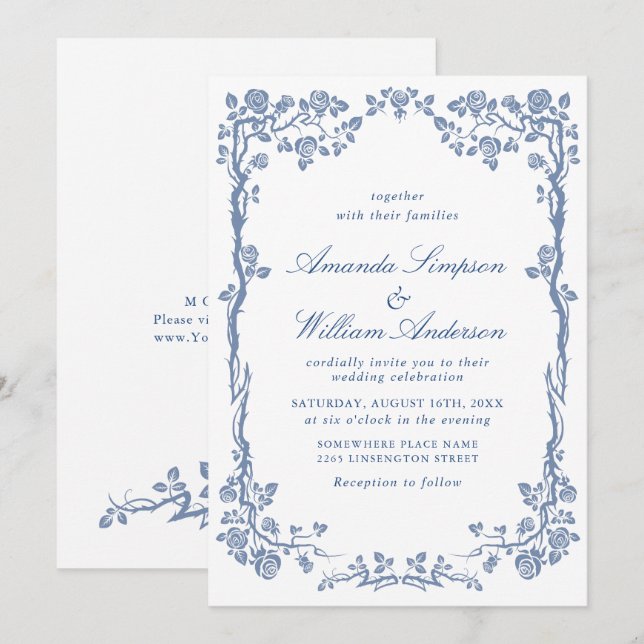 Elegant Baroque Blue French Garden Floral Wedding Invitation (Front/Back)