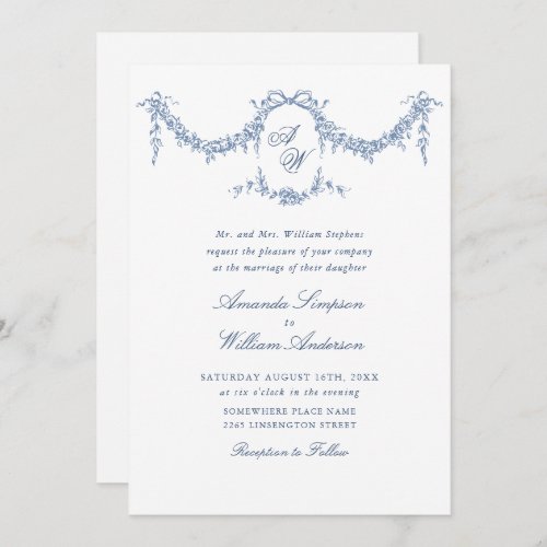 Elegant Baroque Blue French Garden Floral Wedding Invitation