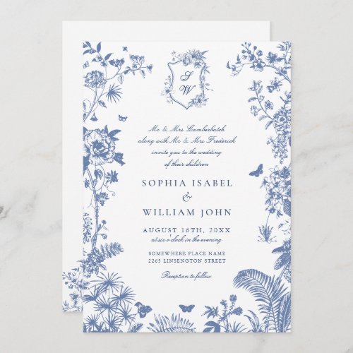 Elegant Baroque Blue French Garden Floral Wedding Invitation