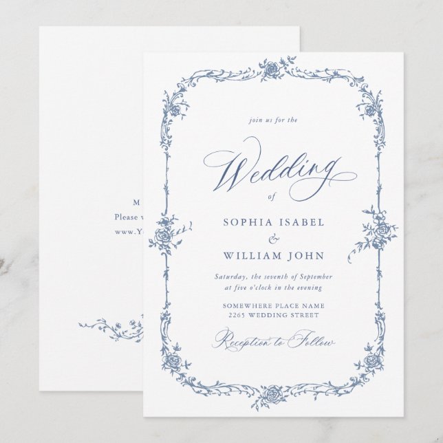 Elegant Baroque Blue French Garden Floral Wedding Invitation (Front/Back)