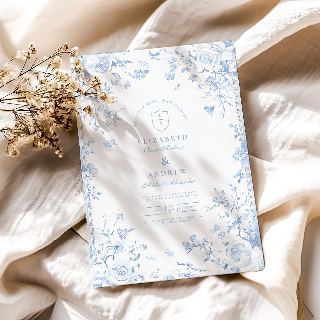 Elegant Baroque Blue French Garden Floral Wedding Invitation (Creator Uploaded)