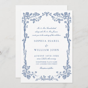 Elegant Baroque Blue French Garden Floral Wedding Invitation