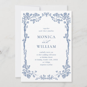 Elegant Baroque Blue French Garden Floral Wedding Invitation