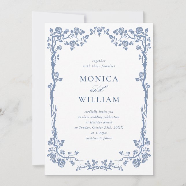 Elegant Baroque Blue French Garden Floral Wedding Invitation (Front)