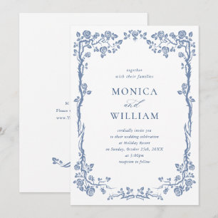 Elegant Baroque Blue French Garden Floral Wedding Invitation