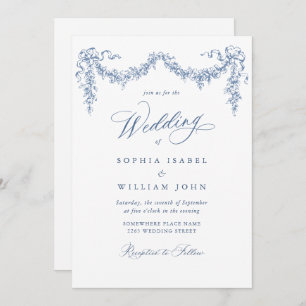 Elegant Baroque Blue French Garden Floral Wedding Invitation