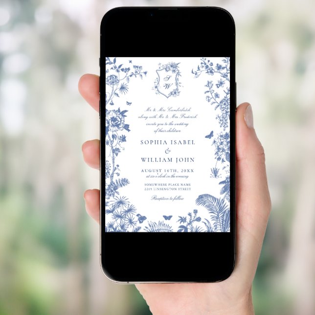 Elegant Baroque Blue French Garden Floral Wedding Invitation (Front Digital)