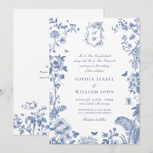 Elegant Baroque Blue French Garden Floral Wedding Invitation (Front/Back)