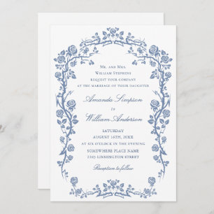 Elegant Baroque Blue French Garden Floral Wedding Invitation