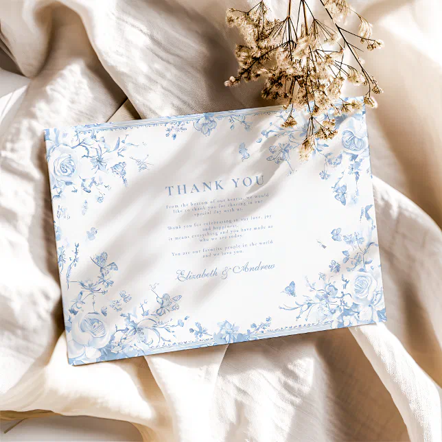 Elegant Baroque Blue French Garden Floral Wedding Thank You Card | Zazzle
