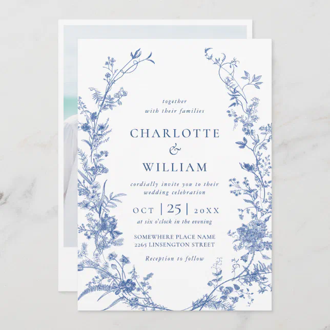 Elegant Baroque Blue French Garden Wedding Photo Invitation | Zazzle