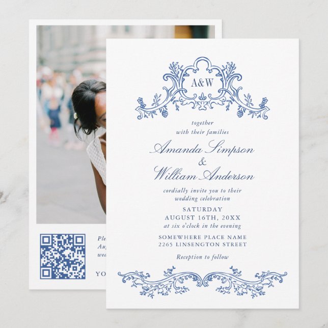 Elegant Baroque Blue Ornate Frame Wedding Photo QR Invitation (Front/Back)