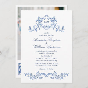 Elegant Baroque Blue Ornate Frame Wedding Photo QR Invitation