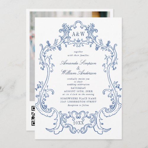 Elegant Baroque Blue Ornate Frame Wedding Photo QR Invitation