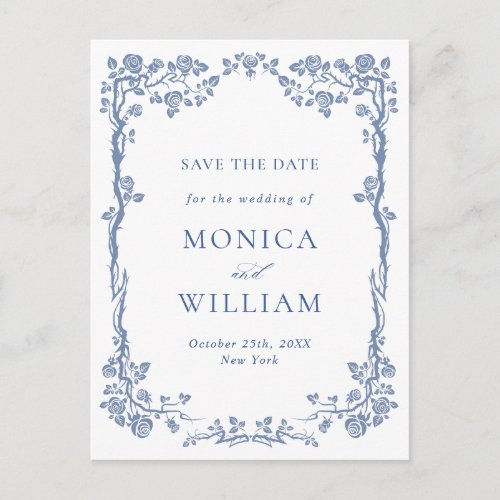 Elegant Baroque Blue Roses Wedding Save the Date Postcard