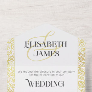 Elegant Baroque Classy White And Gold Wedding All In One Invitation