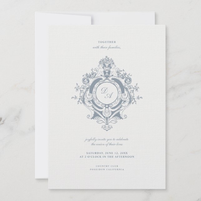 Elegant Baroque Crest Minimalist Wedding Invitation (Front)