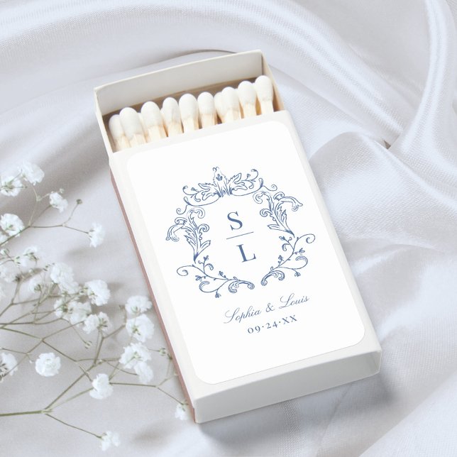 Elegant Baroque Crest Monogram Blue Wedding Favor Matchboxes (Creator Uploaded)