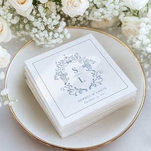 Elegant Baroque Crest Monogram Blue Wedding Napkins