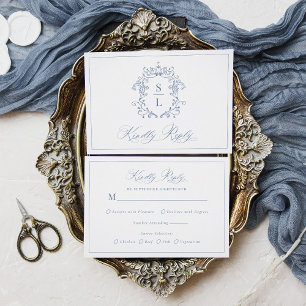 Elegant Baroque Crest Monogram Blue Wedding RSVP Card