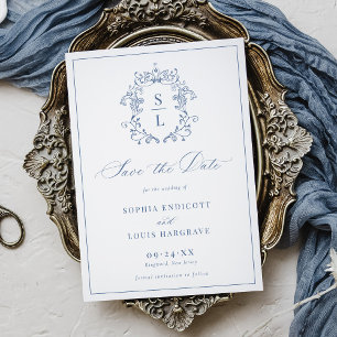 Elegant Baroque Crest Monogram Blue Wedding Save The Date