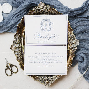 Elegant Baroque Crest Monogram Blue Wedding Thank You Card