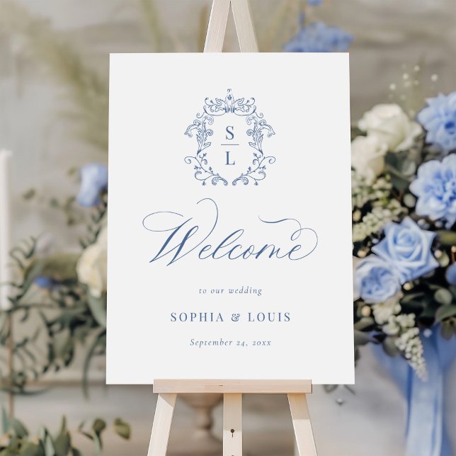 Elegant Baroque Crest Monogram Blue Wedding Welcom Foam Board (Creator Uploaded)