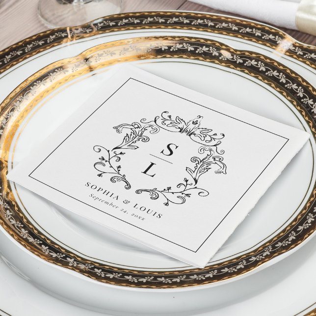 Elegant Baroque Crest Monogram Wedding Napkins (Creator Uploaded)