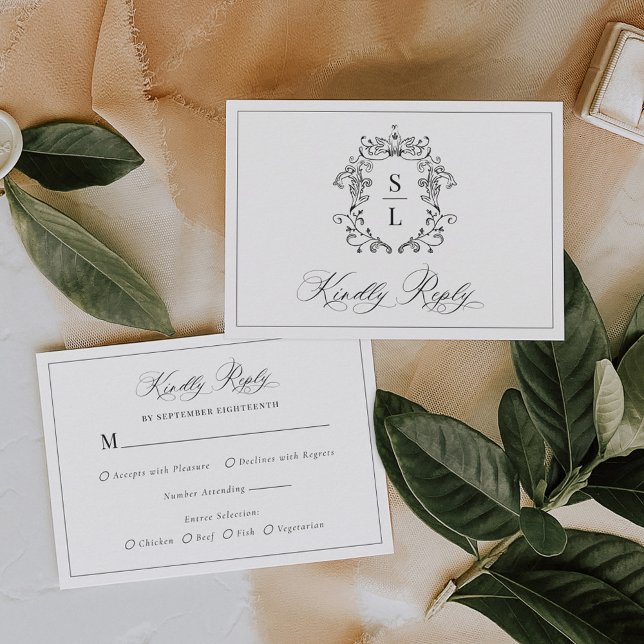 Elegant Baroque Crest Monogram Wedding RSVP Card (Creator Uploaded)