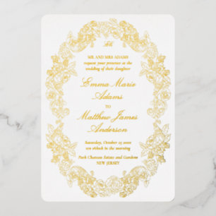 Elegant Baroque Crest Monogram White Back Wedding Foil Invitation