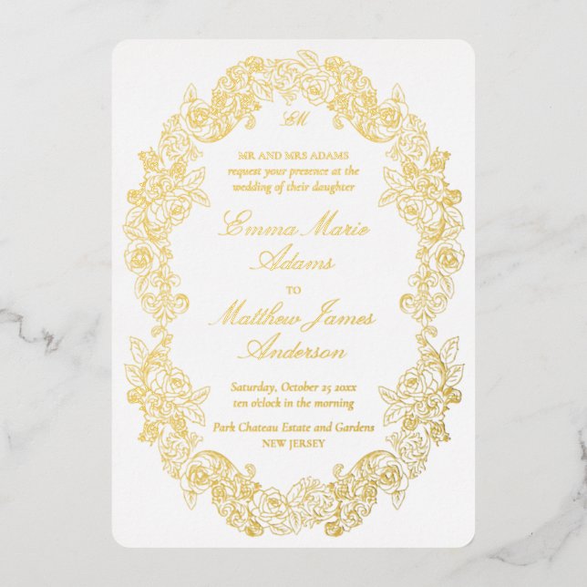 Elegant Baroque Crest Monogram White Back Wedding Foil Invitation (Front)