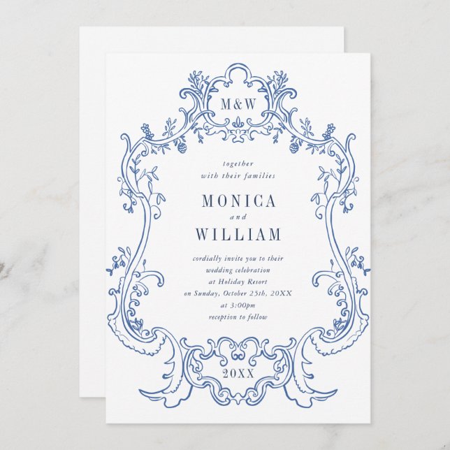 Elegant Baroque Dusty Blue Classy Frame Wedding Invitation (Front/Back)