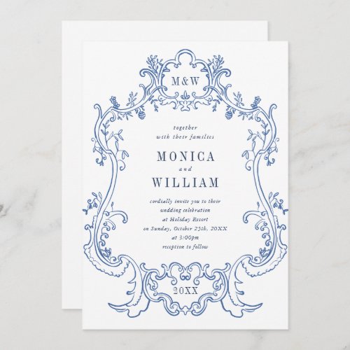 Elegant Baroque Dusty Blue Classy Frame Wedding Invitation