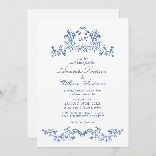 Elegant Baroque Dusty Blue Classy Frame Wedding Invitation