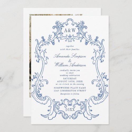 Elegant Baroque Dusty Blue Frame Photo Wedding Invitation