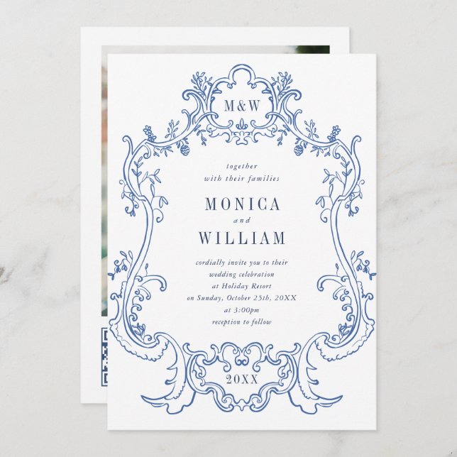 Elegant Baroque Dusty Blue Frame Photo Wedding Invitation (Front/Back)