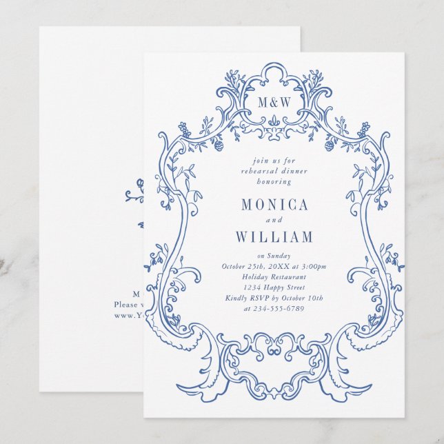 Elegant Baroque Dusty Blue Frame Rehearsal Dinner Invitation (Front/Back)