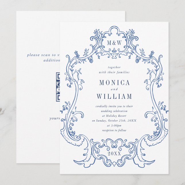 Elegant Baroque Dusty Blue Frame Wedding QR code Invitation (Front/Back)